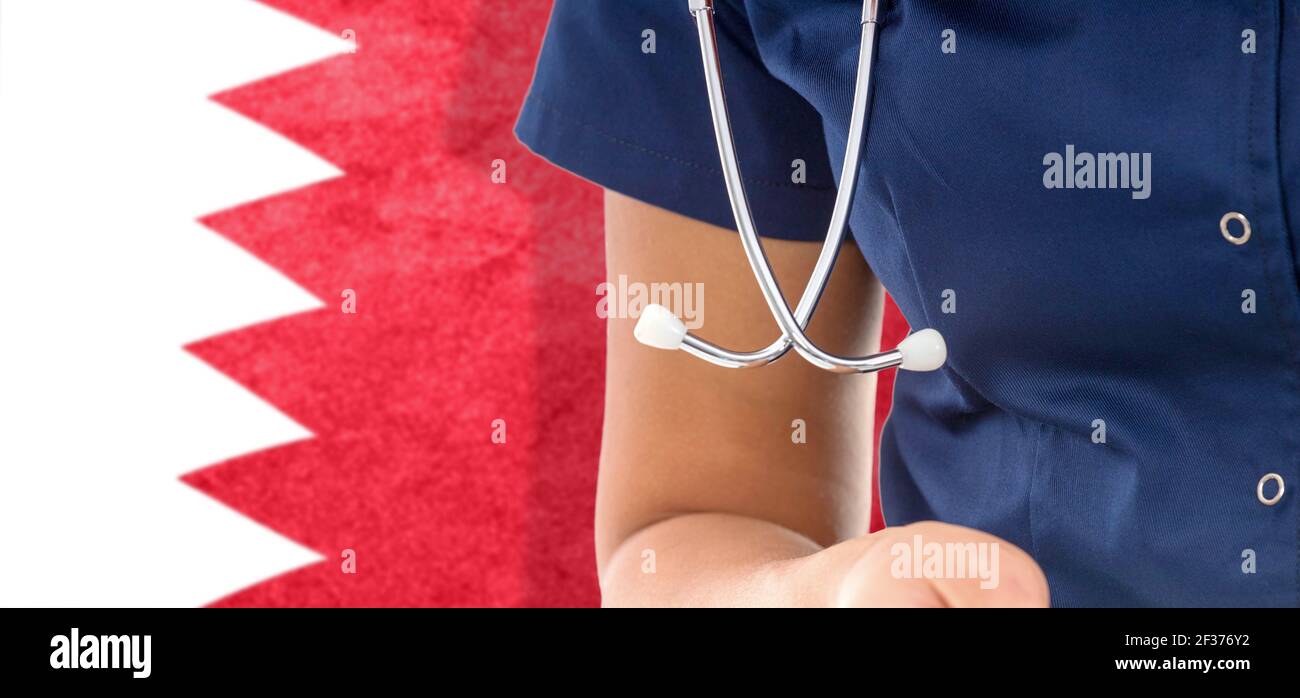 Bahrain flag female doctor with stethoscope, national healthcare system