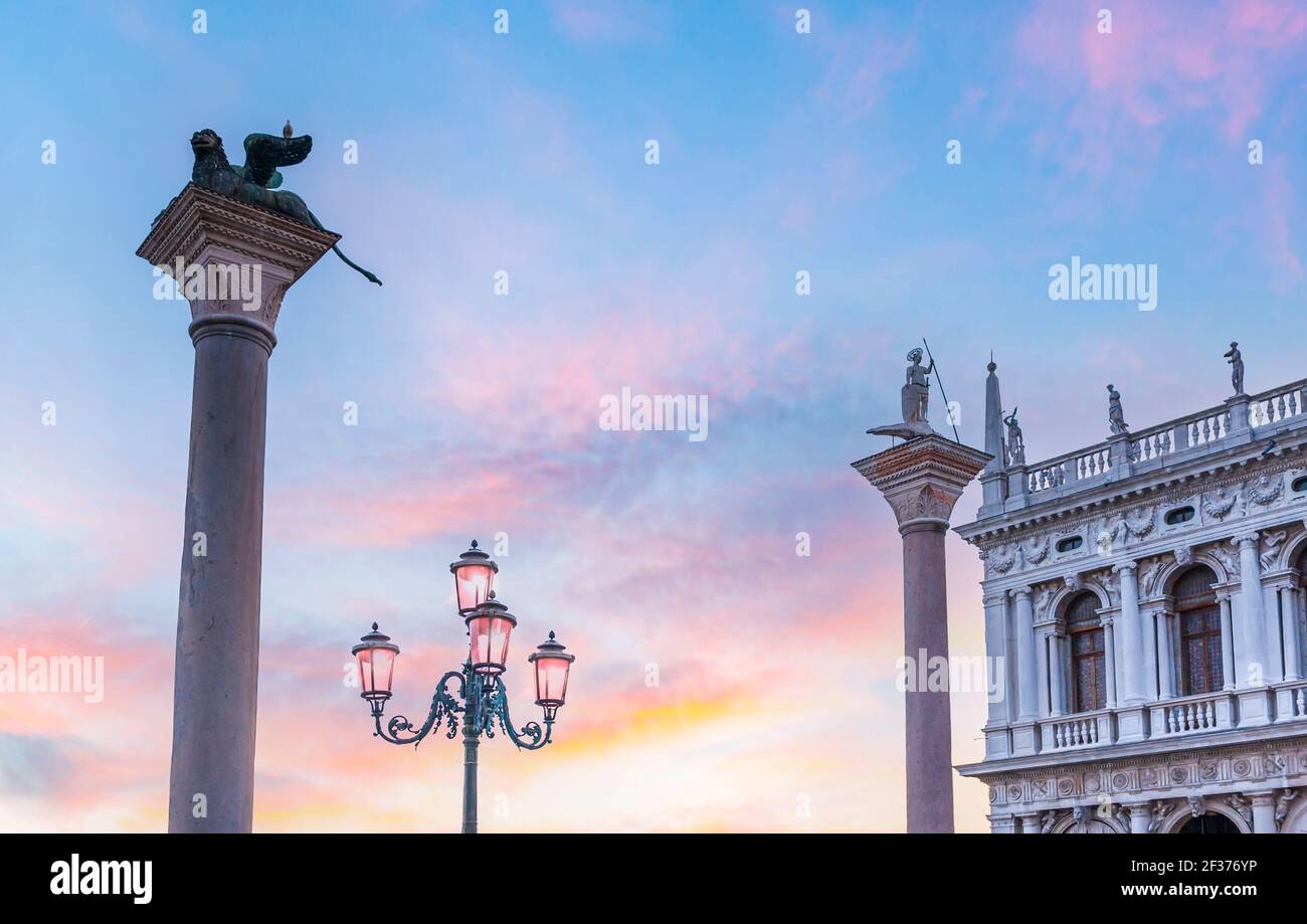 The Columns of Piazzetta - Saint Mark and Saint Theodore and a lamppost ...