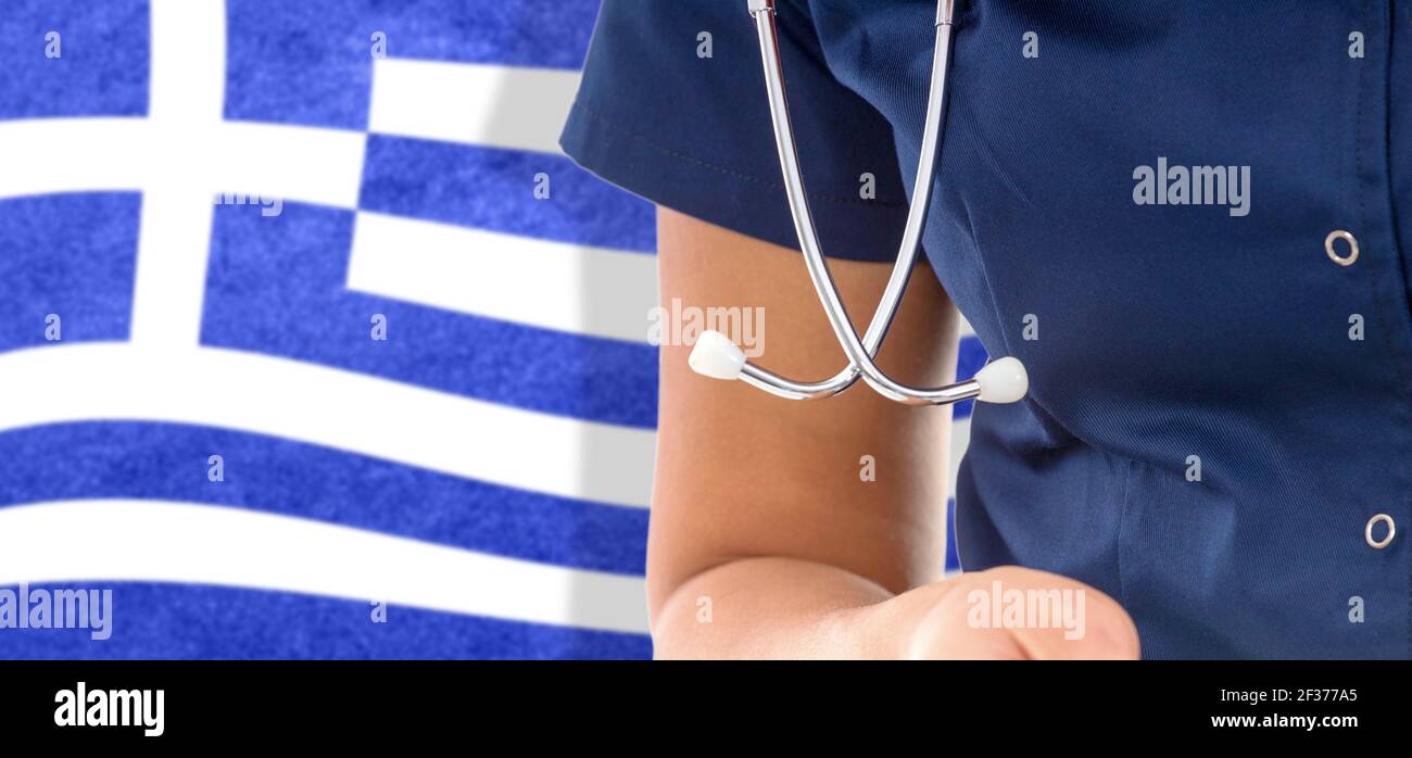 Greece flag female doctor with stethoscope, national healthcare system
