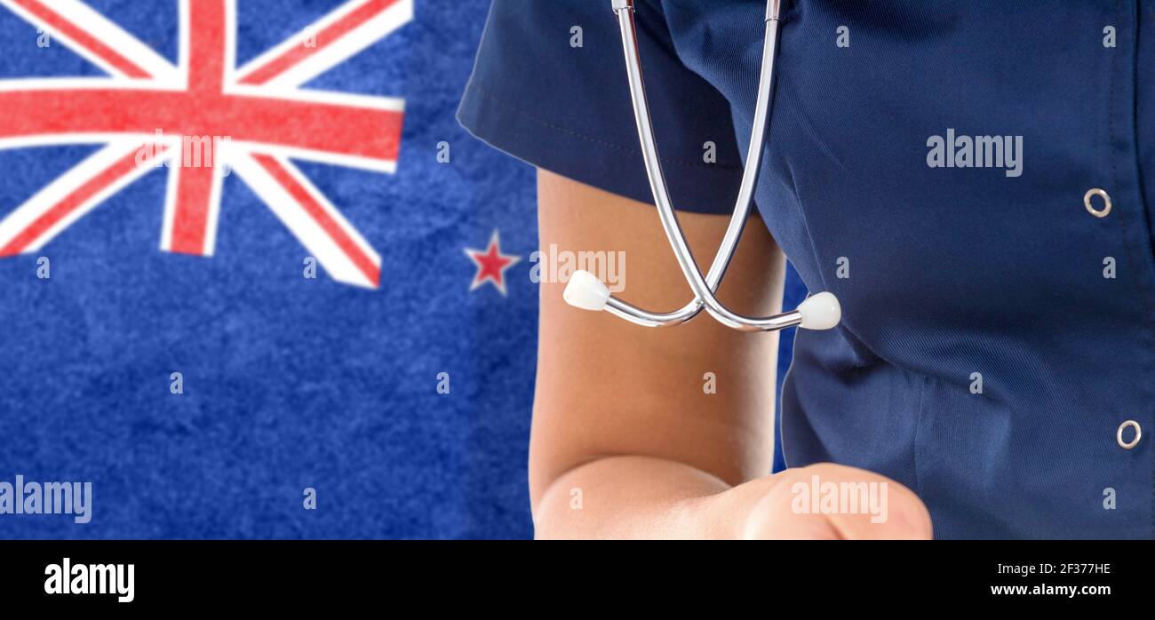 New Zealand flag female doctor with stethoscope, national healthcare