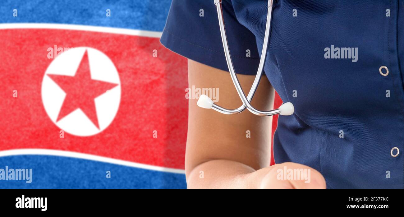 North Korea flag female doctor with stethoscope, national healthcare