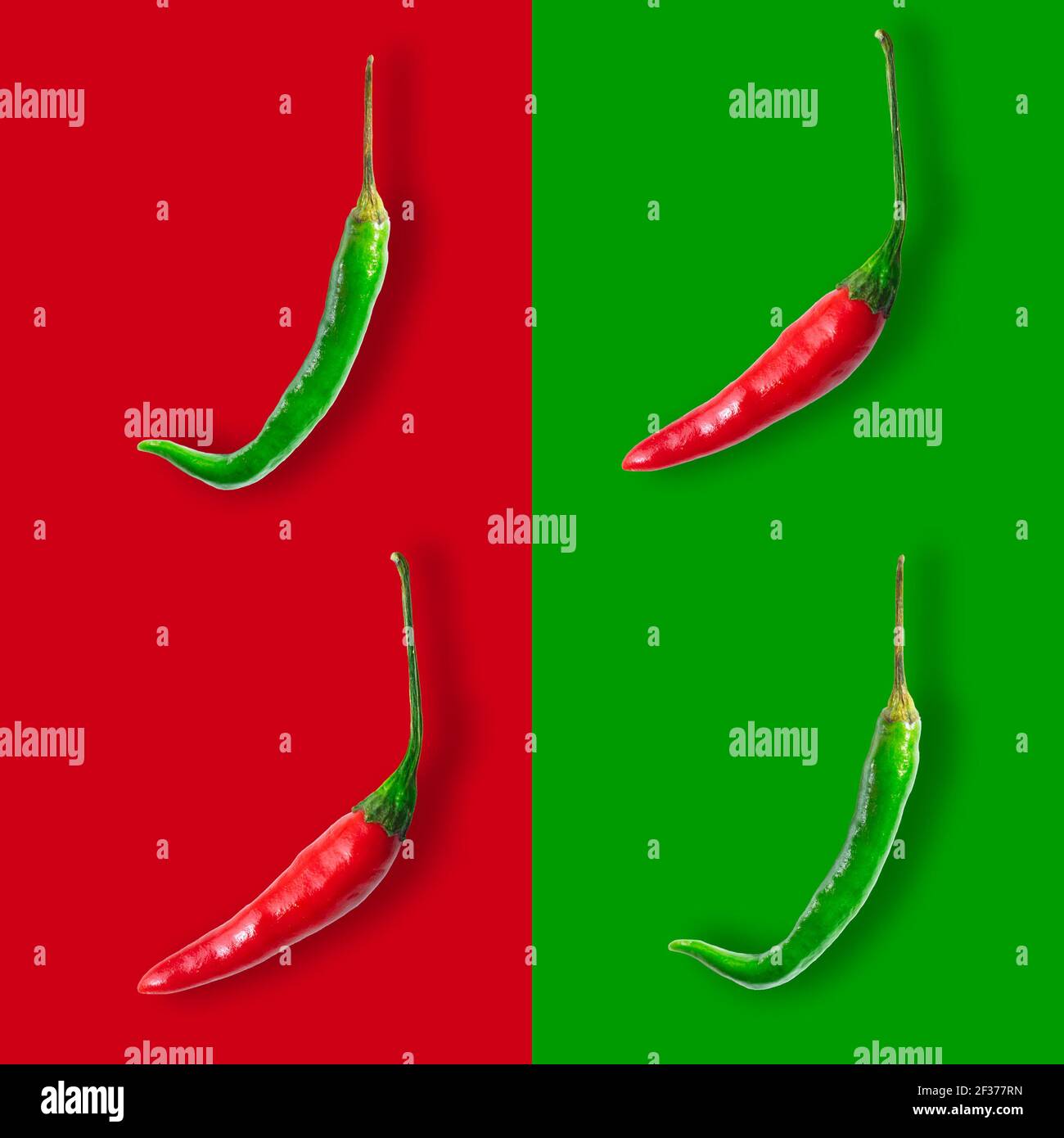 Seamless pattern of red and green hot chilli peppers isolated on red and green backgrounds. Pop art Stock Photo