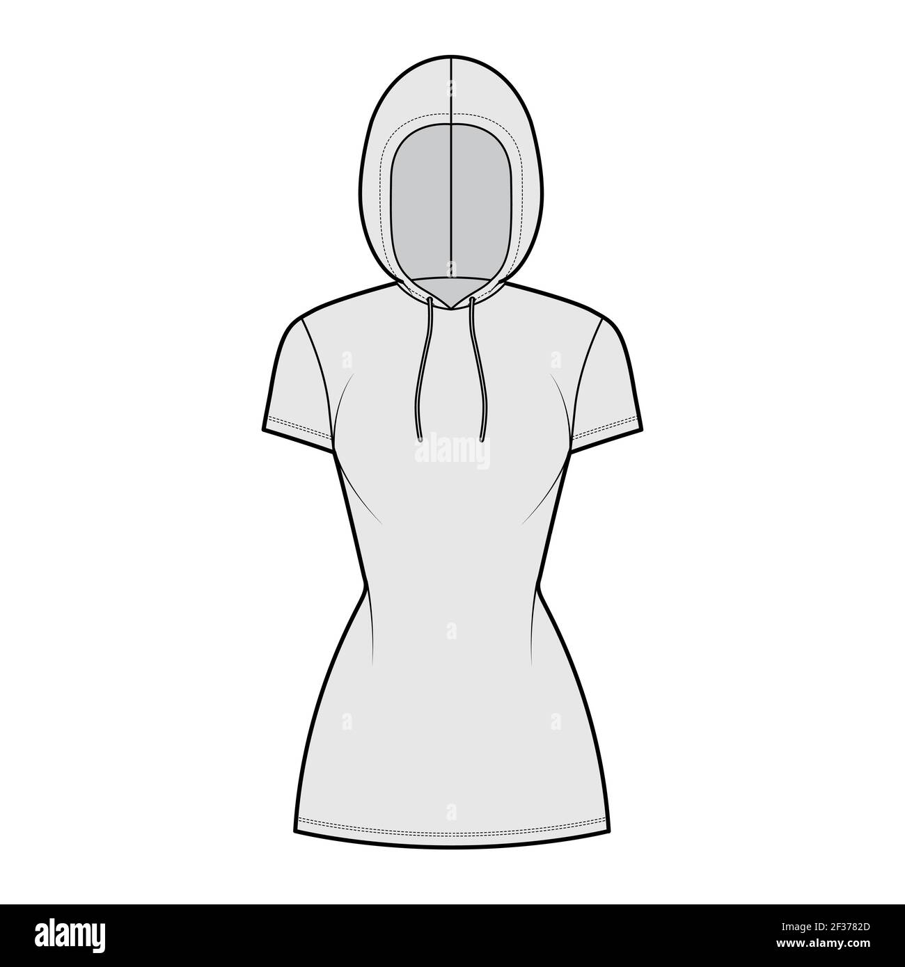 Hoody dress technical fashion illustration with short sleeves, mini length, fitted body, Pencil fullness. Flat sweater apparel template front, grey color style. Women, men, unisex CAD mockup Stock Vector