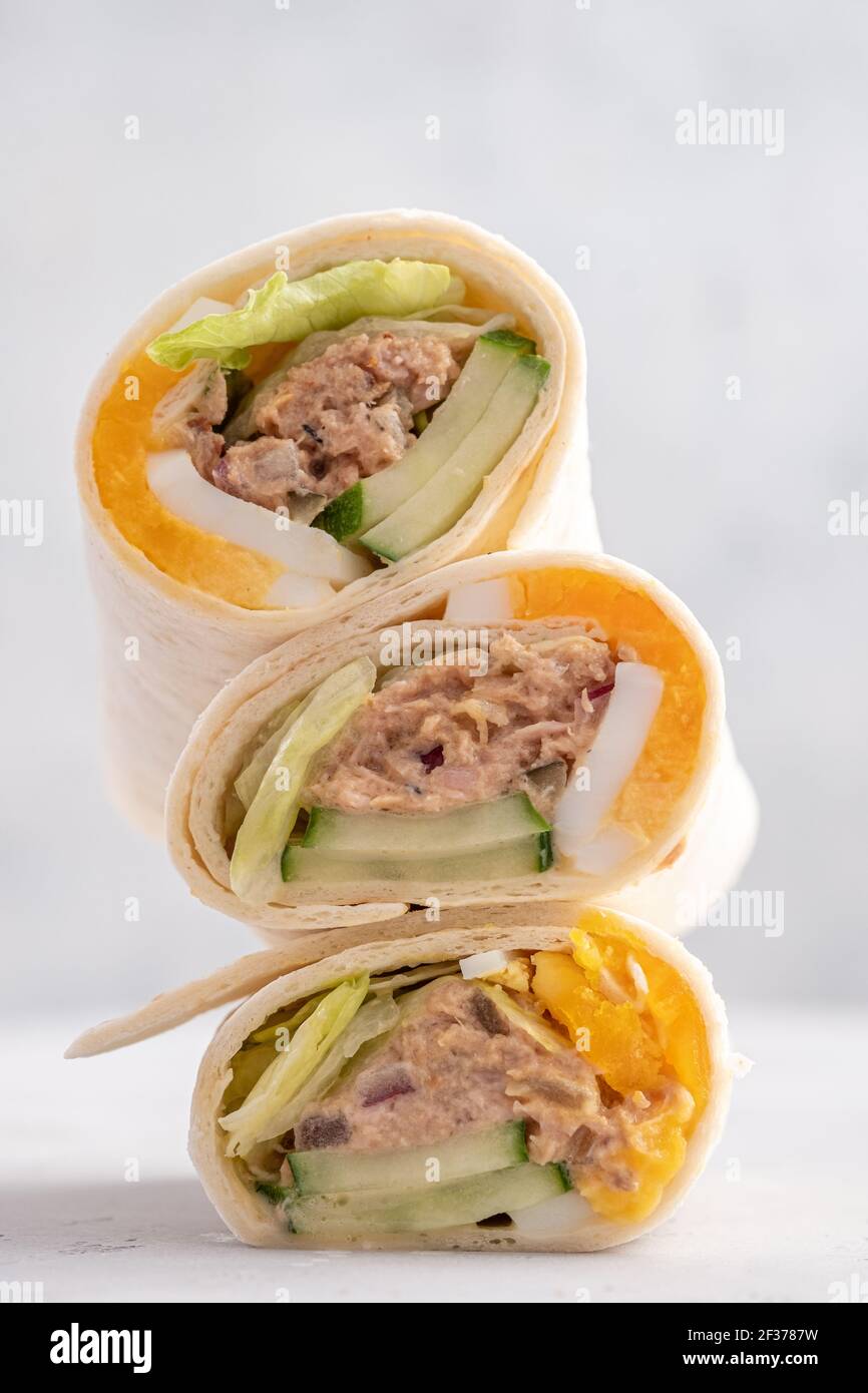 Tuna melt tortilla wrap with egg, cucumber and salad Stock Photo Alamy