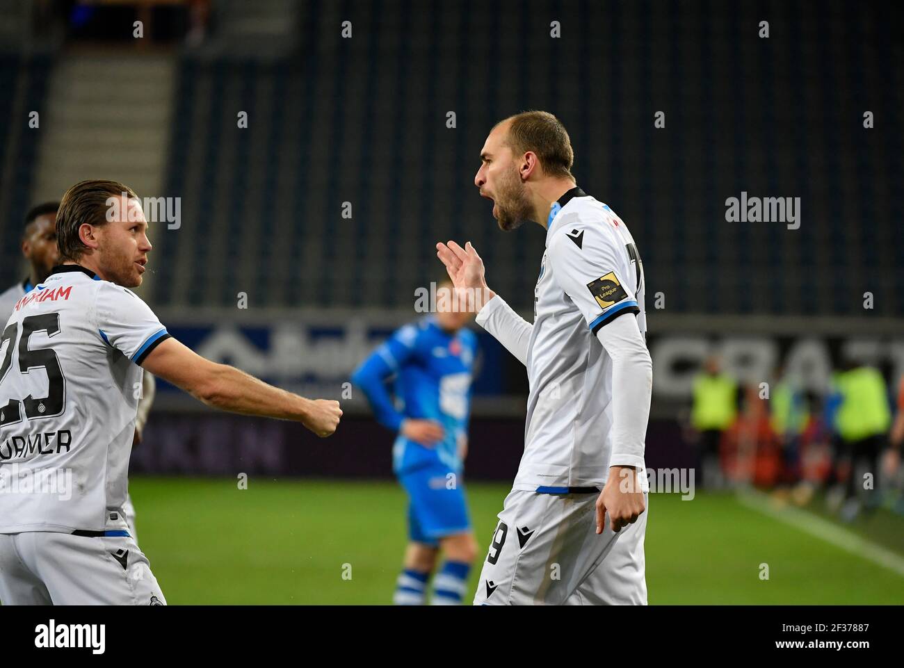 Club's Bas Dost celebrates after scoring during a soccer match between Club Brugge KV and KAA Gent, Monday 15 March 2021 in Brugge, a postponed match Stock Photo