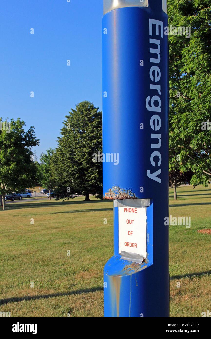 An emergency call box with a missing phone. Stock Photo