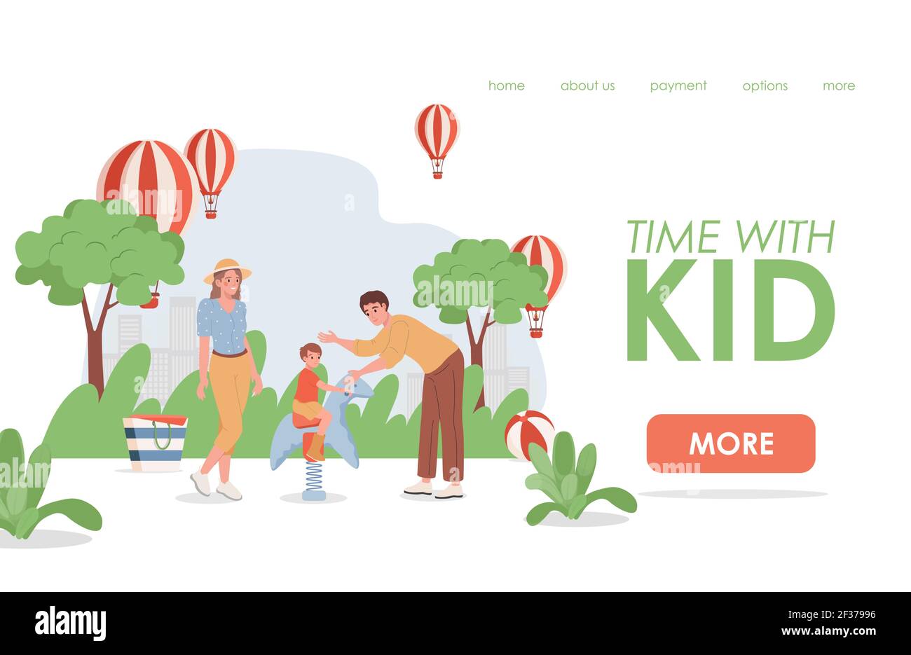 Time with kid vector flat landing page template. Happy smiling family ...