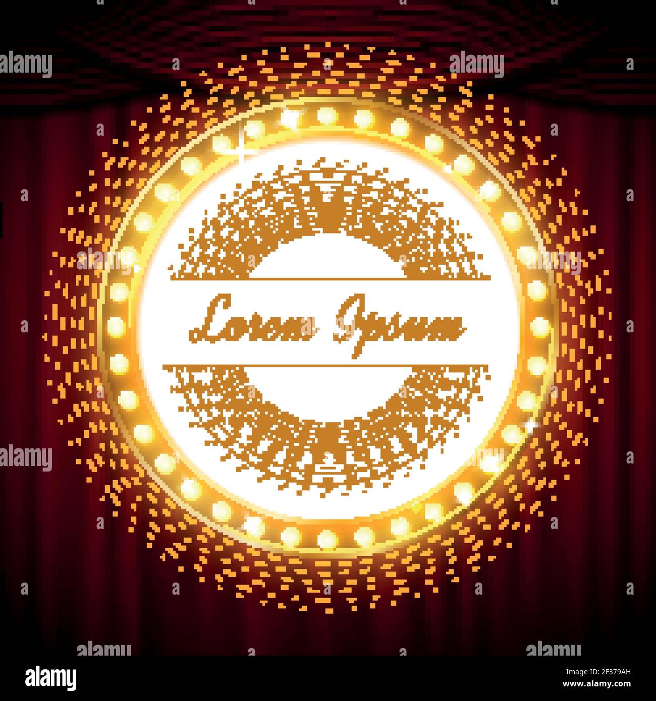 Circle glittering golden banner on red curtain. Vector glitter golden round and illustration template glitter banner with sparkle Stock Vector