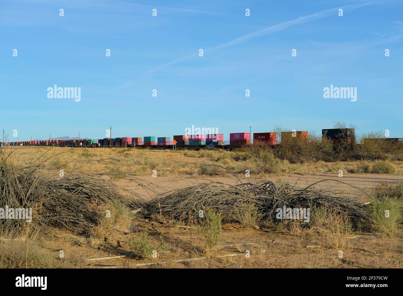 Container boxes on a freight train in Southwestern Arizona, near