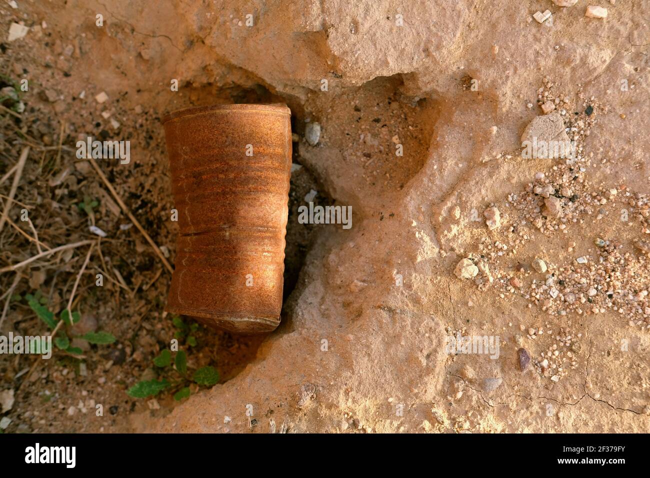 Corroded tin can on the ground; ravages of time on modern civilization; rust and aging; effects of metal exposed to oxygen and moisture over time. Stock Photo