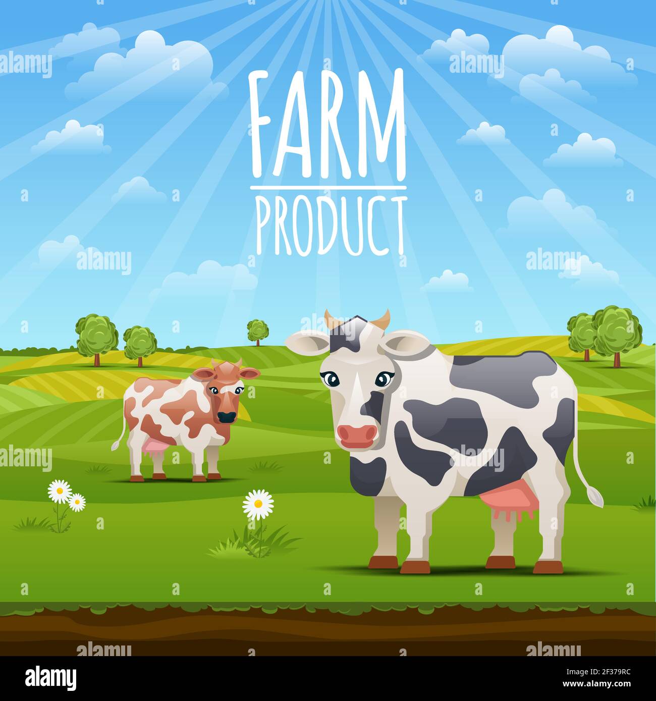 Farm landscape with cows vector illustration. Cow on meadow grass and ...