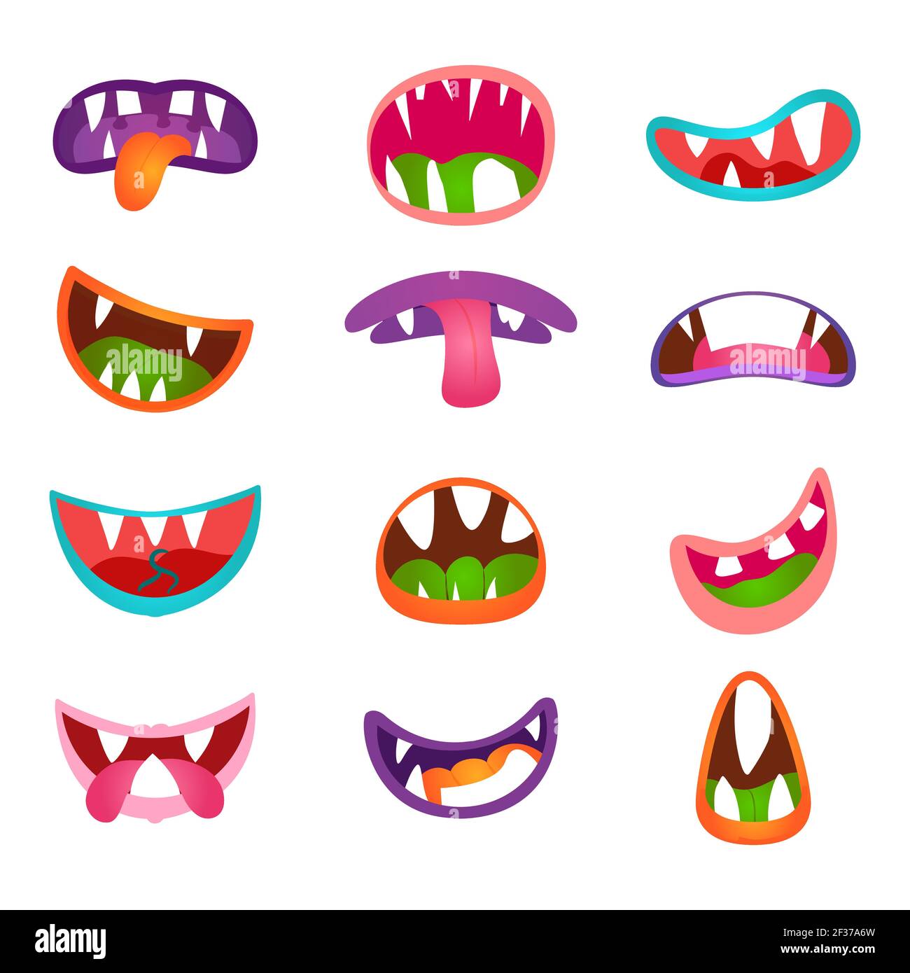 Cute animal face expressions and emotions. Funny cartoon monster comic mouth set. Monsters mouth icon and cartoon mounth with teeth Stock Vector
