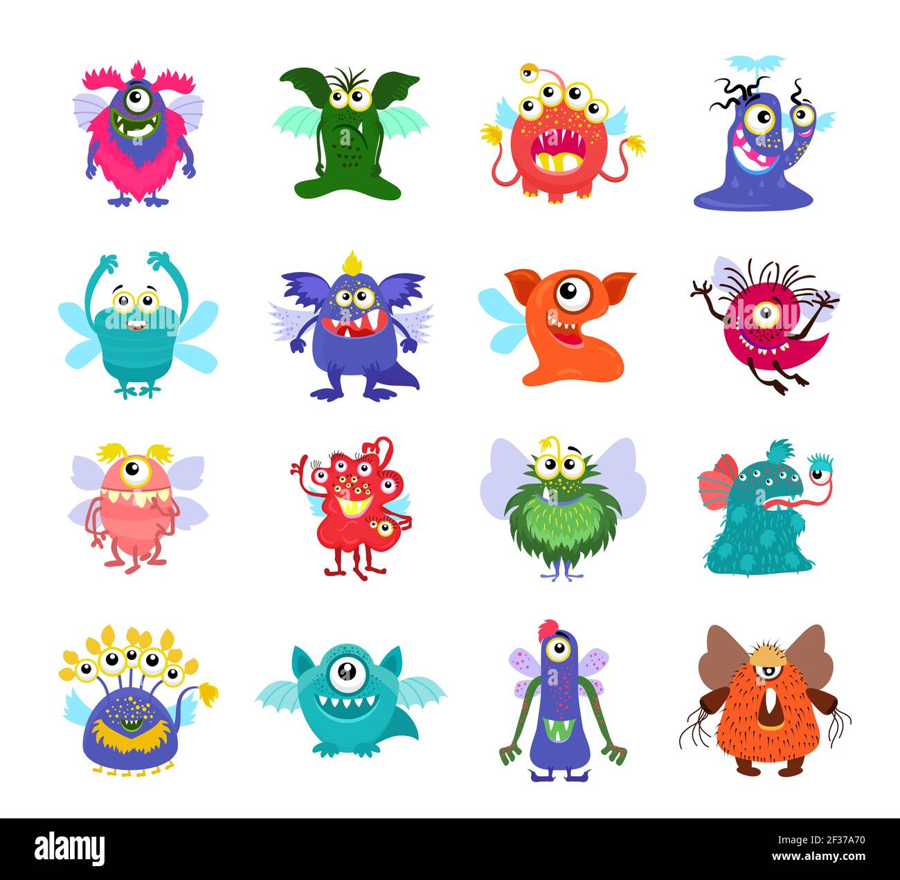 Flying cartoon monsters vector set for kids party. Flying monsters with