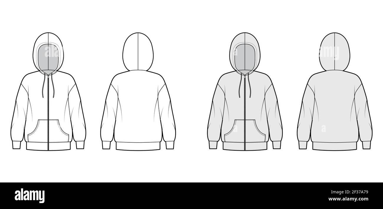 Zip-up Hoody sweatshirt technical fashion illustration with long sleeves, oversized body, kangaroo pouch, banded hem. Flat extra large template front, back, white, grey color. Women, men, unisex CAD Stock Vector
