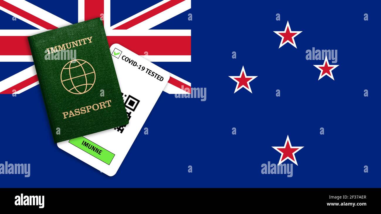 Concept of Immunity passport, certificate for traveling for people who had coronavirus or made vaccine and test result for COVID-19 on flag of New Zel Stock Photo