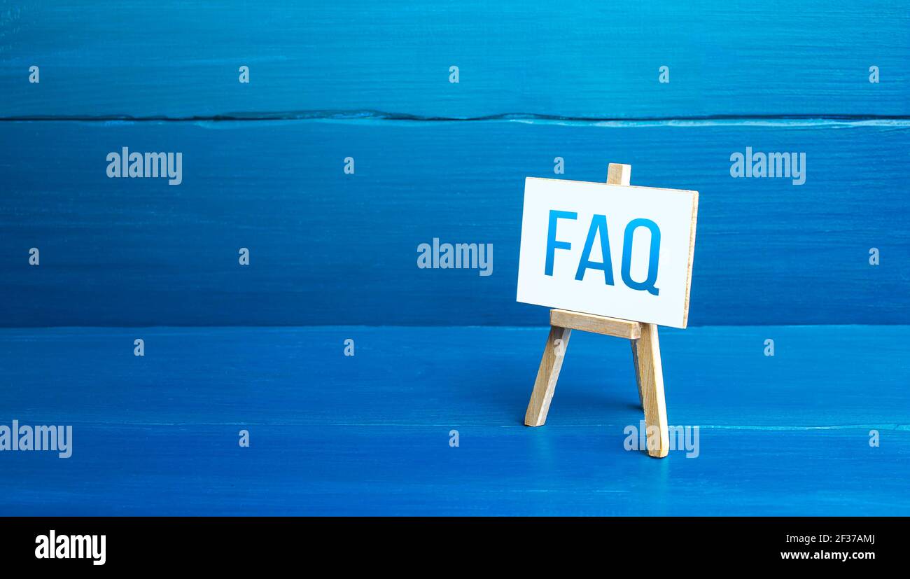 Easel with FAQ (frequently asked questions). Available answers to