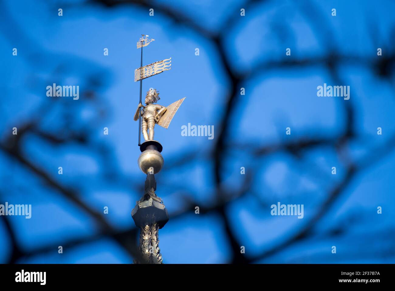 Polish King Sigismund II Augustus gilded statue on Gothic Ratusz Glownego Miasta (Gdansk Main Town Hall) in Main City in historic centre of Gdansk, Po Stock Photo