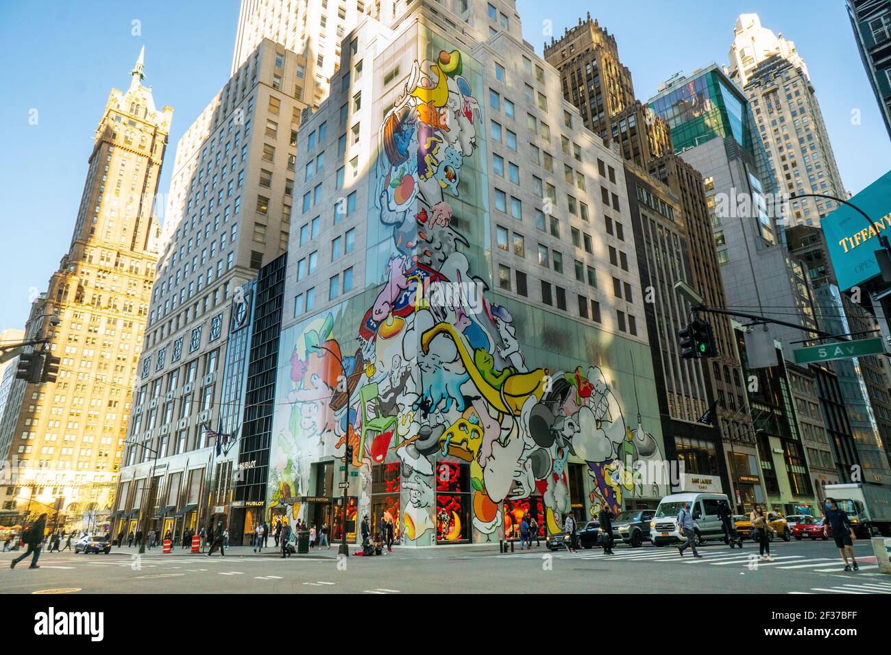 The Louis Vuitton store on Fifth Avenue in New York, seen on Friday, March  12, 2021, decorated in honor of the luxury goods manufacturers  collaboration with the art Urs Fischer. (© Richard