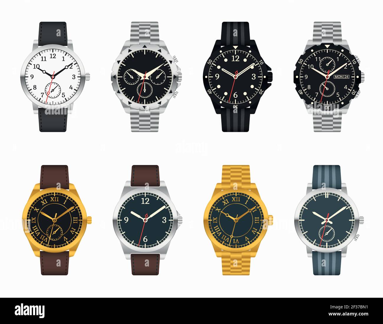 Vector watch set. Expensive classic clock with leather and metal straps