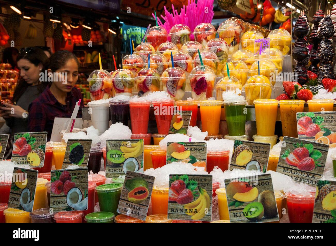BARCELONA, SPAIN MARCH 10, 2018 Fresh fruits juices, smoothies and