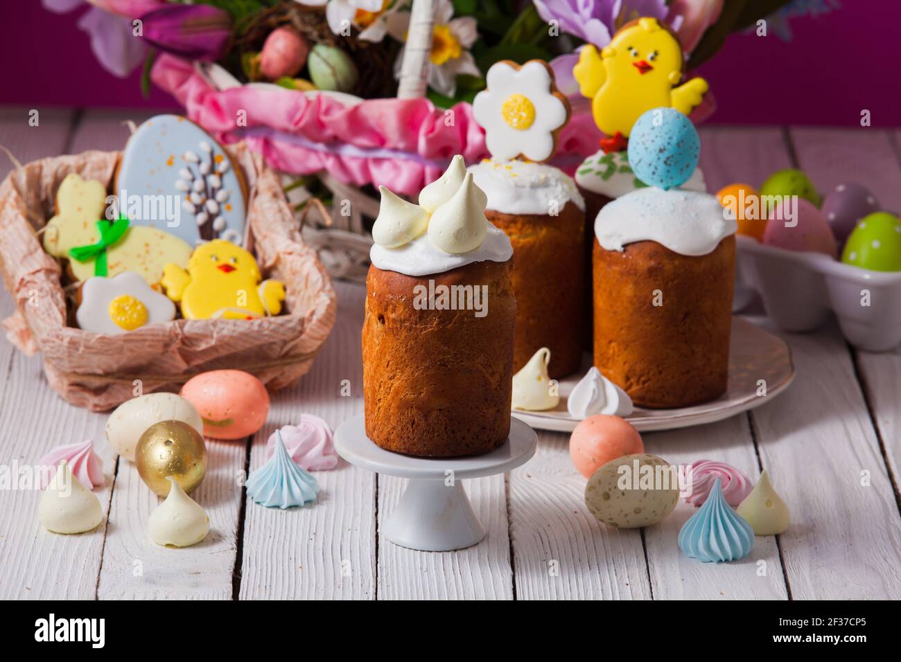 Close-up small Easter breads with cute decoration on top Stock Photo