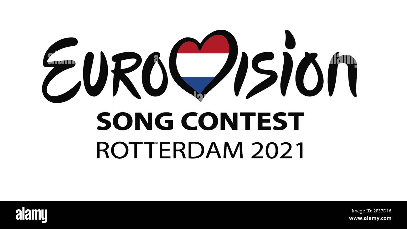 Rotterdam, Netherlands MAY 2021. Eurovision Song Contest 2021. Text Rotterdam 2021 Eurovision on white background Stock Vector