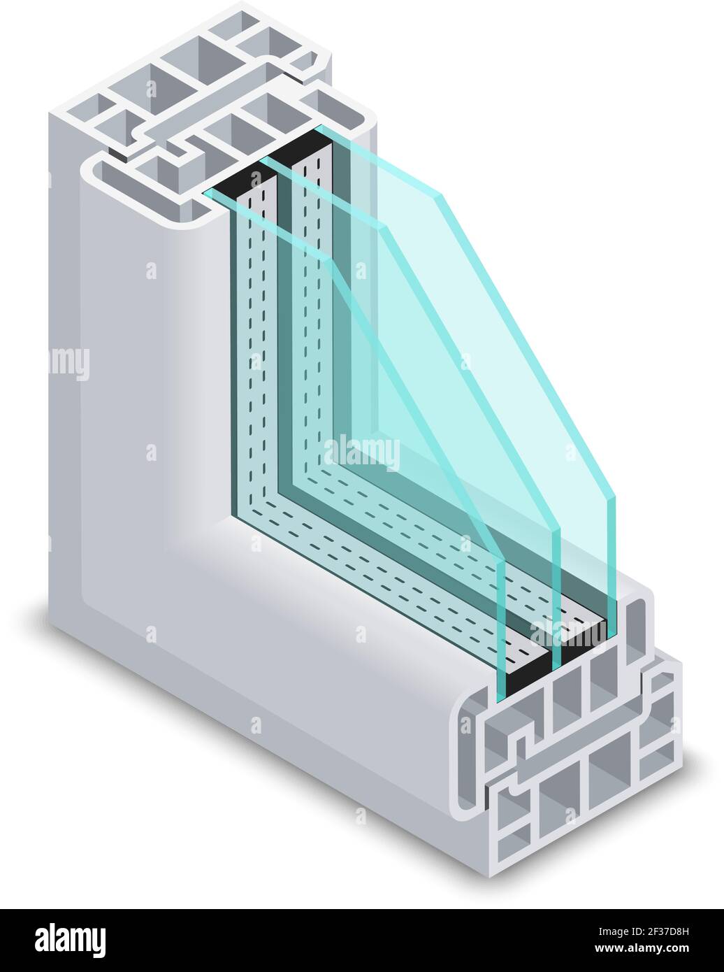 Energy efficient window cross section vector illustration. Plastic profile energy saving window, structure corner window Stock Vector