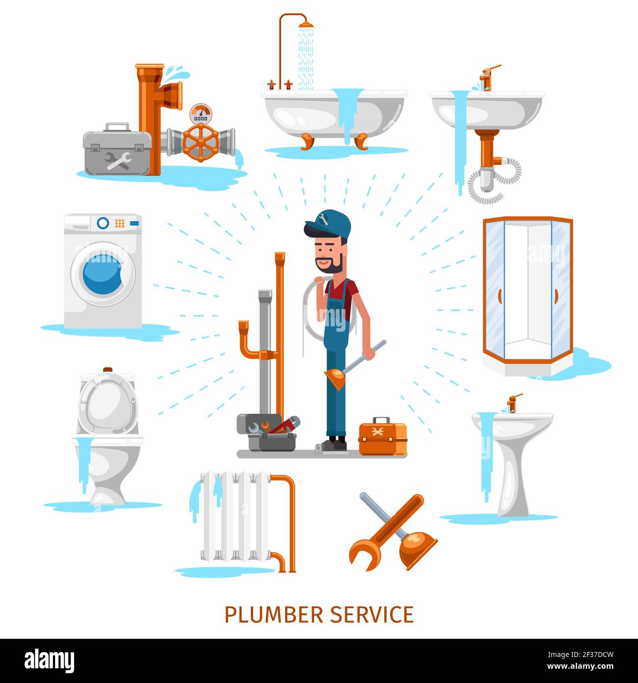 Plumber or maintenance engineer at plumbing work. Service repair, vector illustration Stock Vector