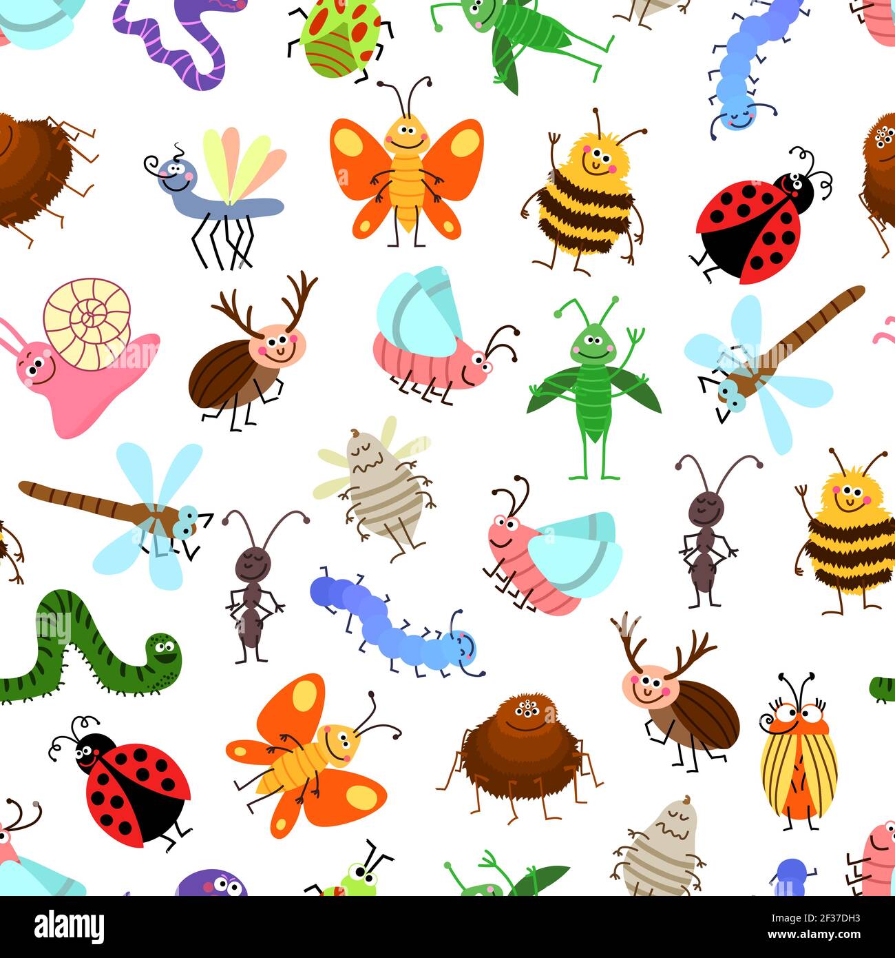 Fly and creeping cute cartoon insects vector pattern for happy