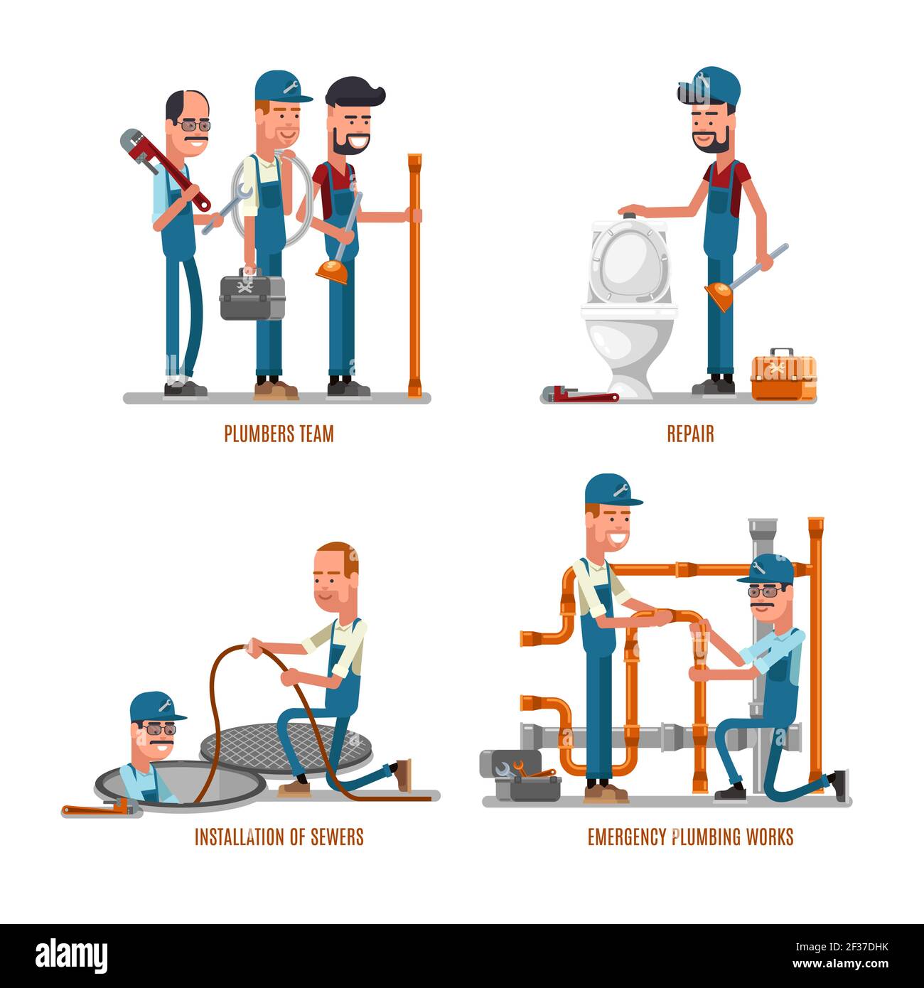Plumbing work. Plumbers and plumbing repairs vector illustration. Team of plumbers repair pipe Stock Vector