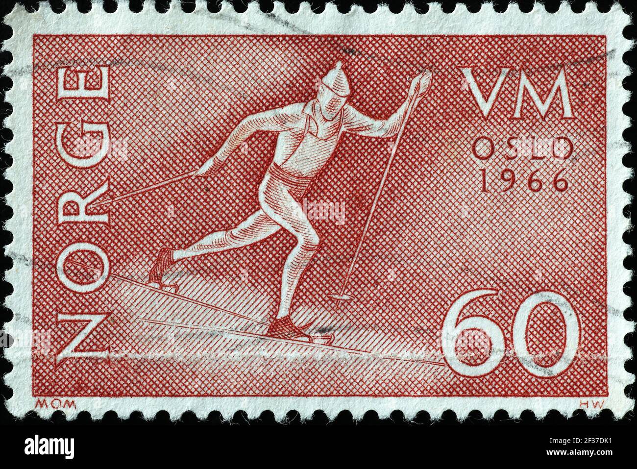 Cross-country ski racer on old norwegian postage stamp Stock Photo