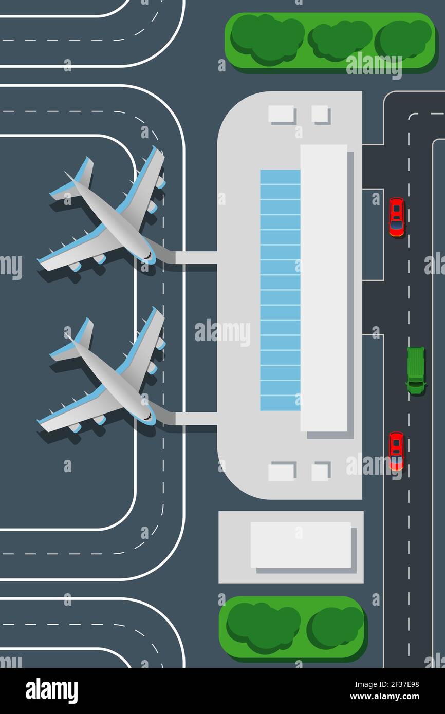 Airport top view vector illustration. Landing pad and airplanes. Airplane for journey, rline, terminal airport Stock Vector