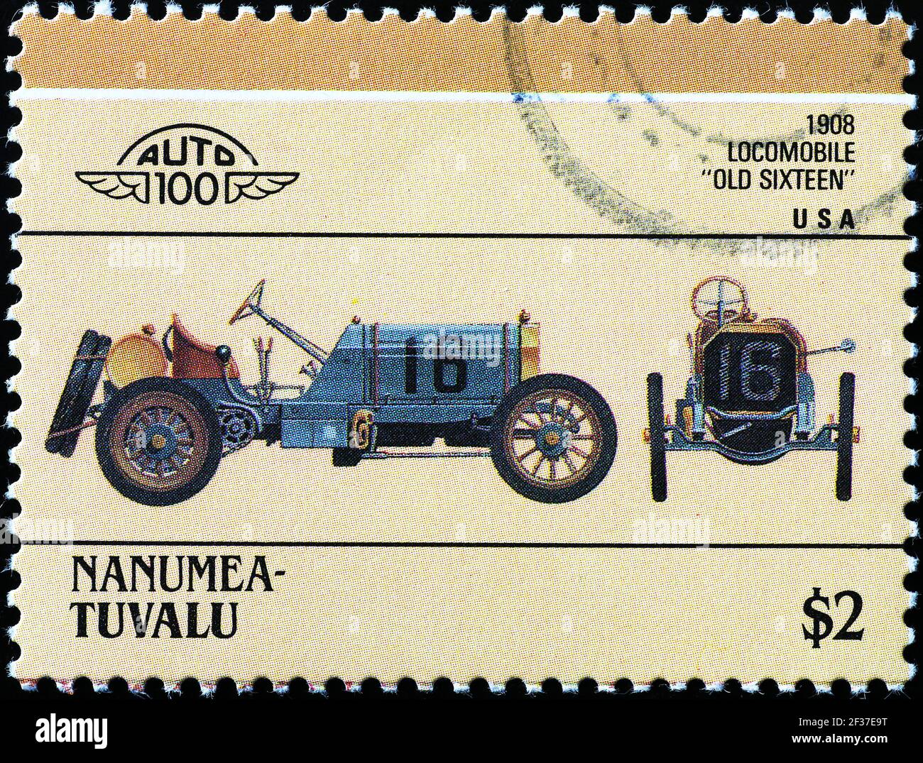 Nice sport car of 1908 on postage stamp Stock Photo