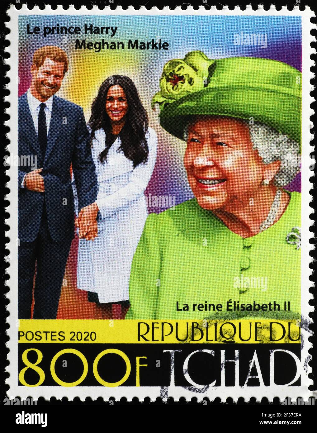 Queen Elizabeth II, Harry and Megan Markle on postage stamp Stock Photo