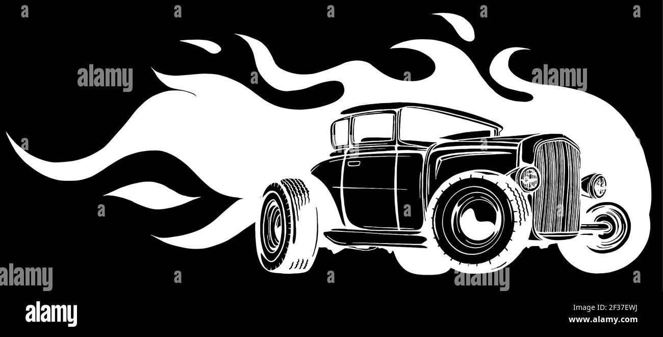 vector illustration muscle car with flames silhouette in black background Stock Vector