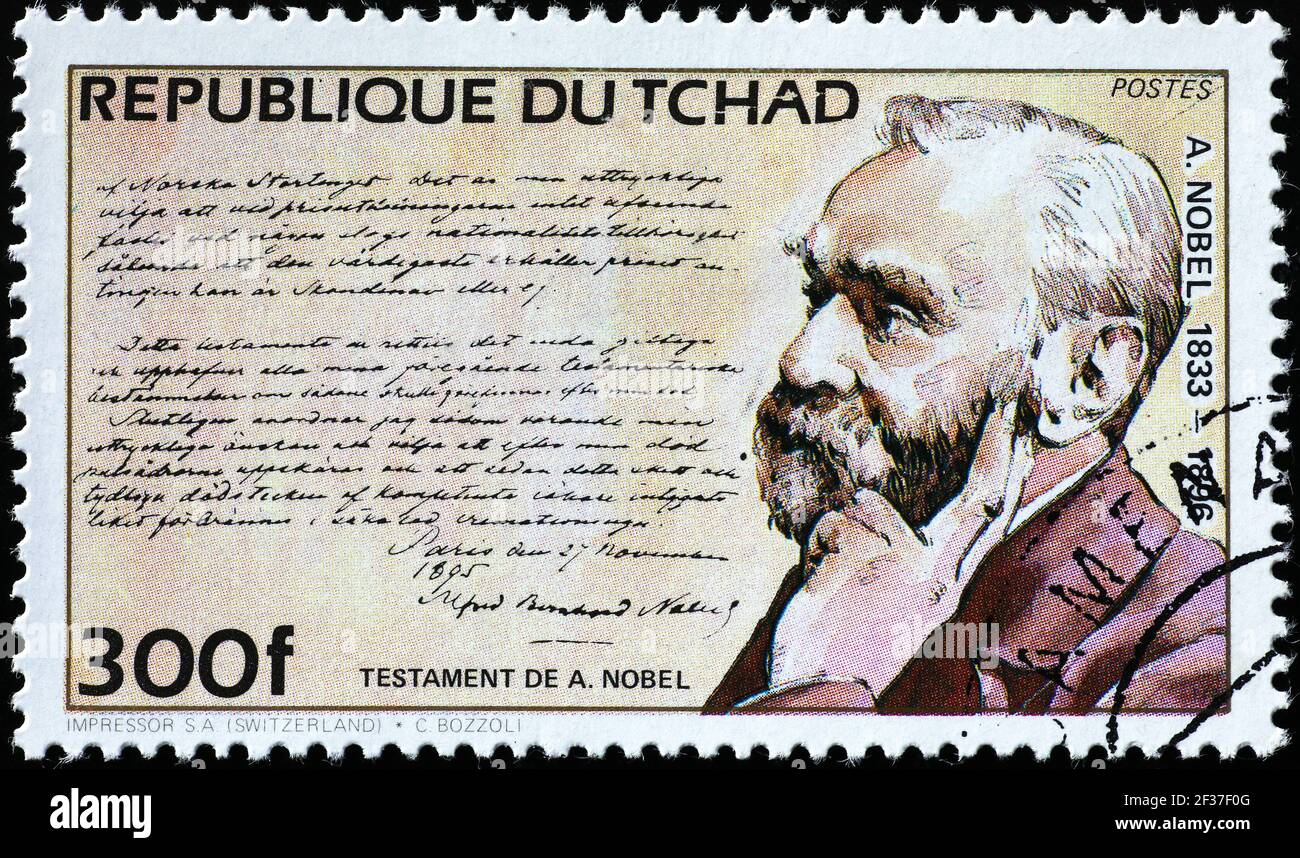 Testament of Alfred Nobel on postage stamp Stock Photo