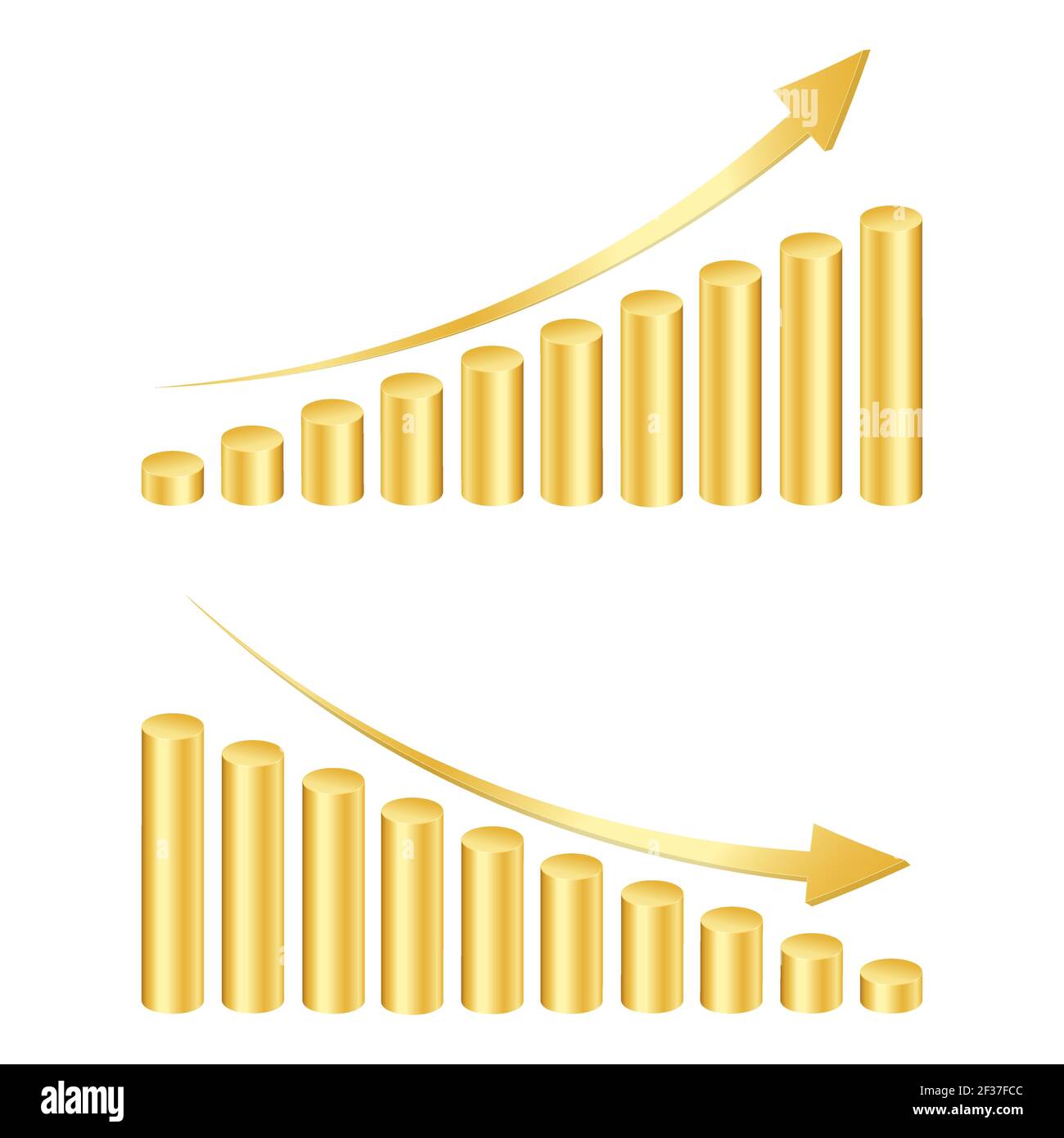 Golden cylinders bar graph with rising and decreasing arrows. Growth ...