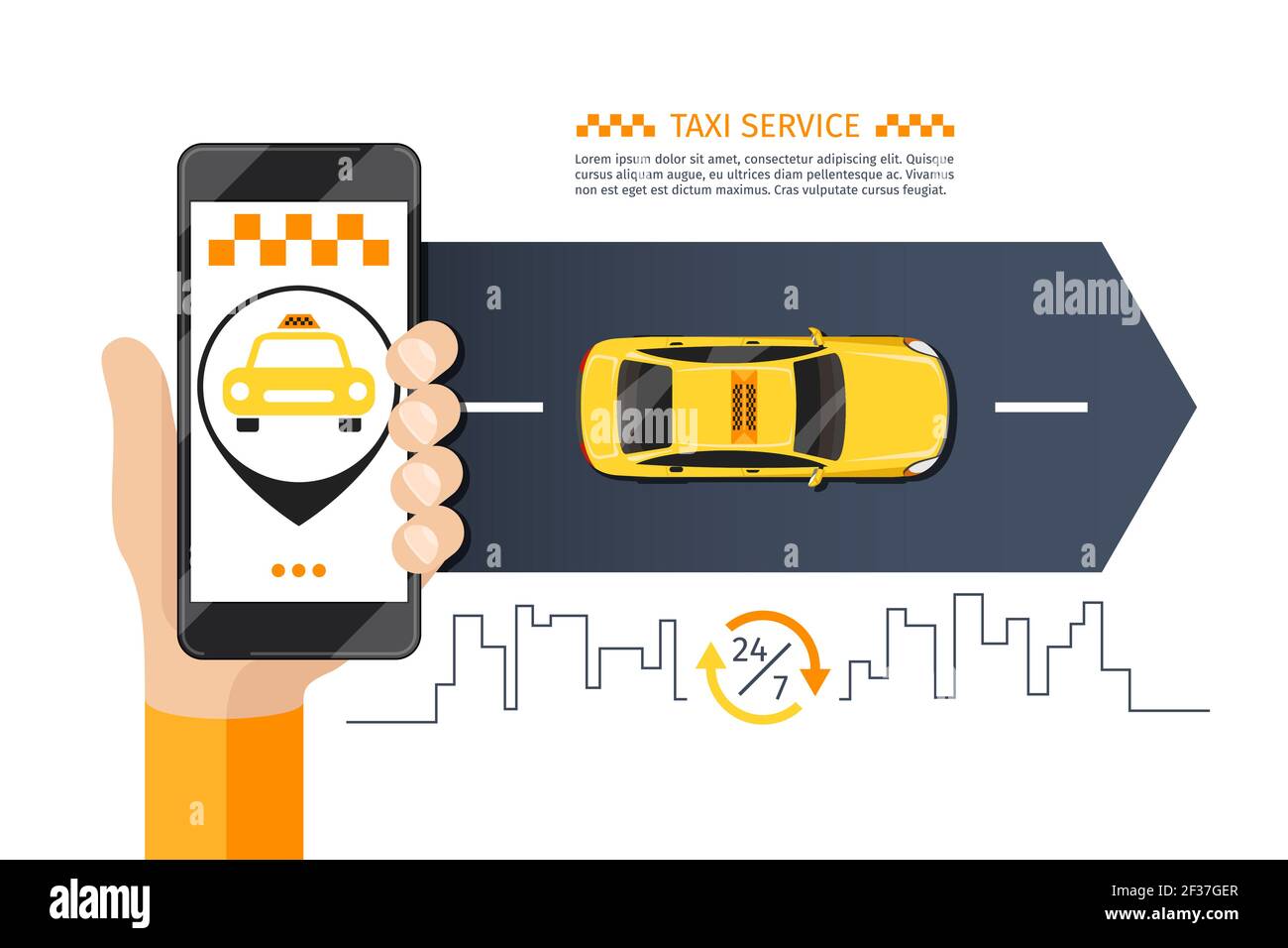Taxi cab mobile phone call vector illustration. Yellow car calling service. Mobile app service taxi for phone Stock Vector