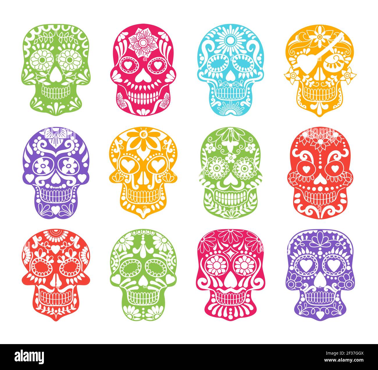Colored sugar skull silhouettes. Cartoon evil signs. Skeleton color silhouette meciacan tradition illustration Stock Vector