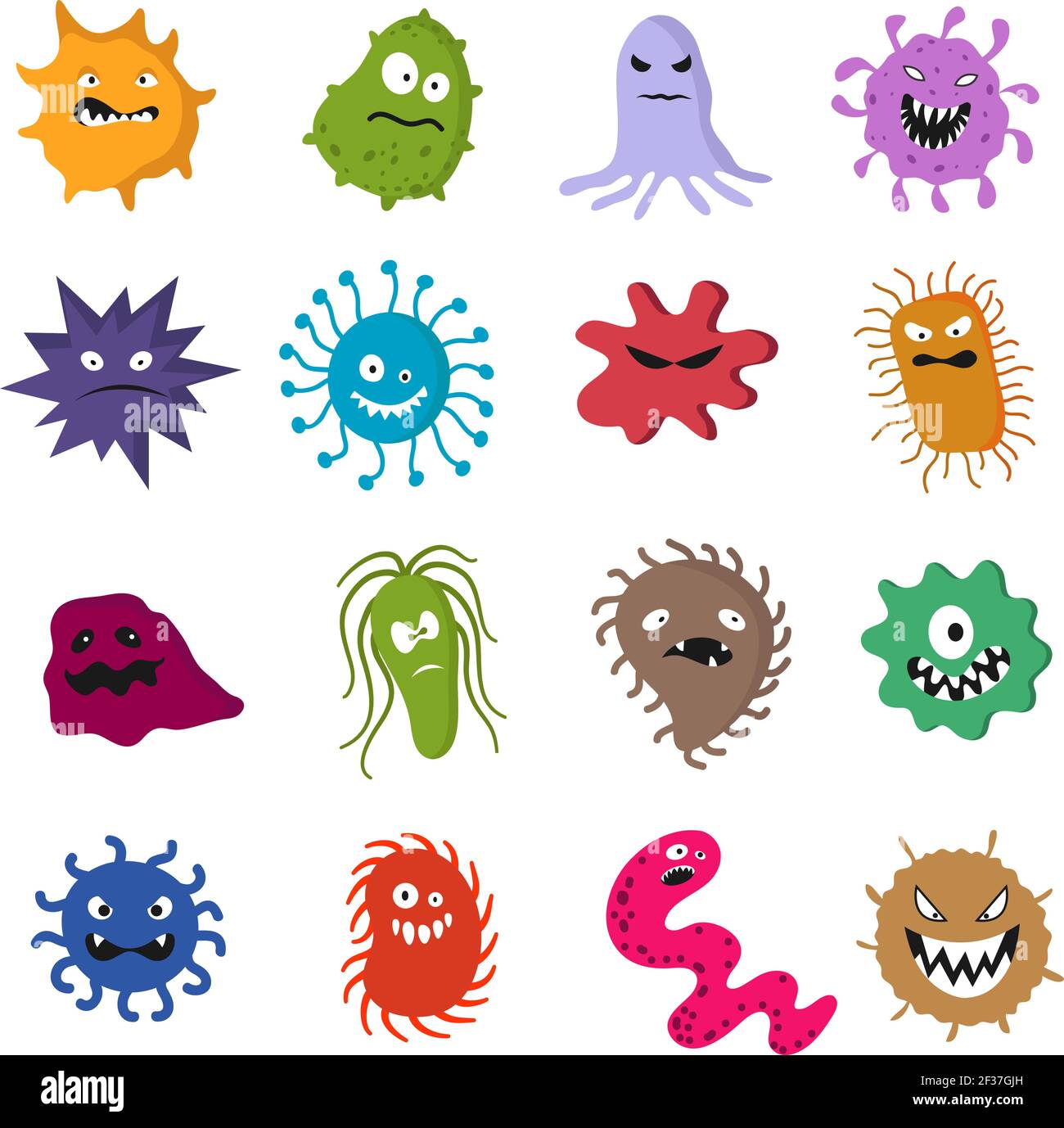 Funny cartoon cute virus and bacteria set isolated on white background. Color monster and bacteria, microbe character illustration Stock Vector