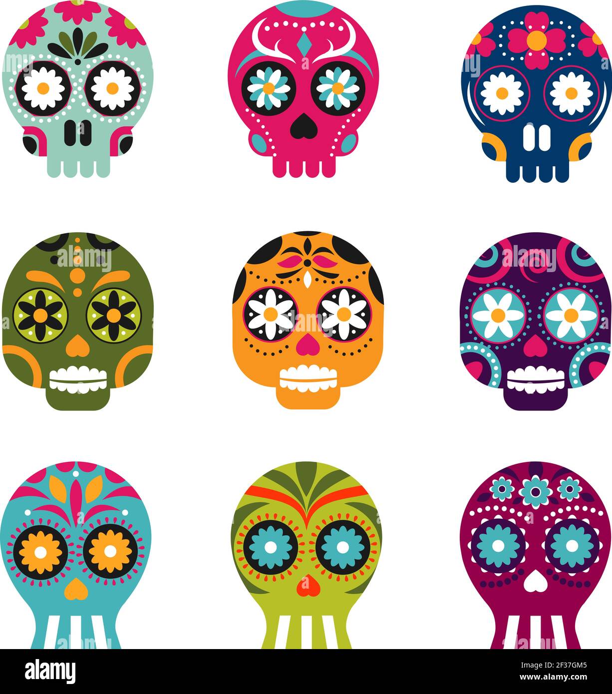 Mexican skeleton dead heads set with flowers vector. Skull with color flower, day of dead illustration Stock Vector