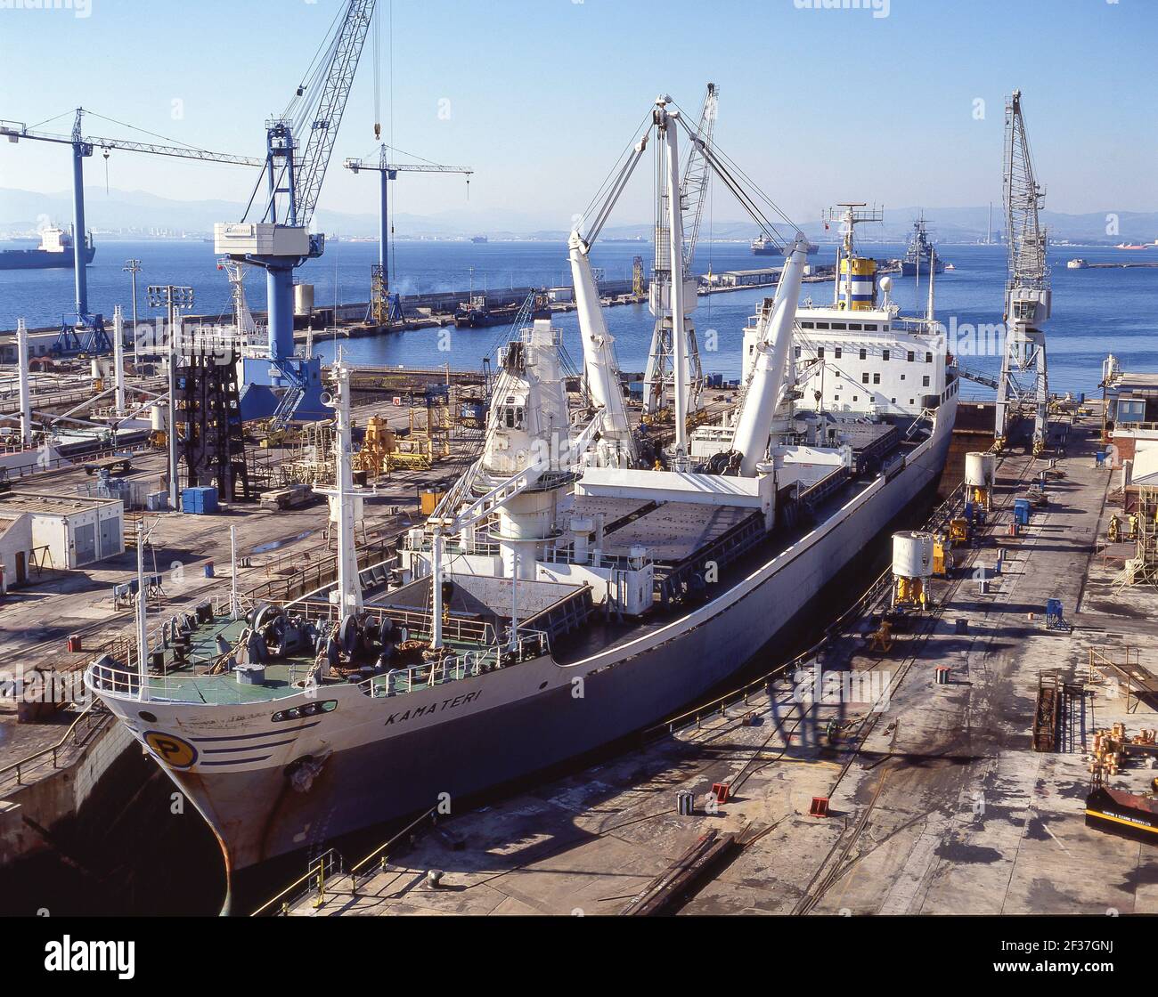 'Kamateri' general cargo ship in dry dock, Malta Dockyard, Grand Harbour, Valletta, Malta Stock Photo