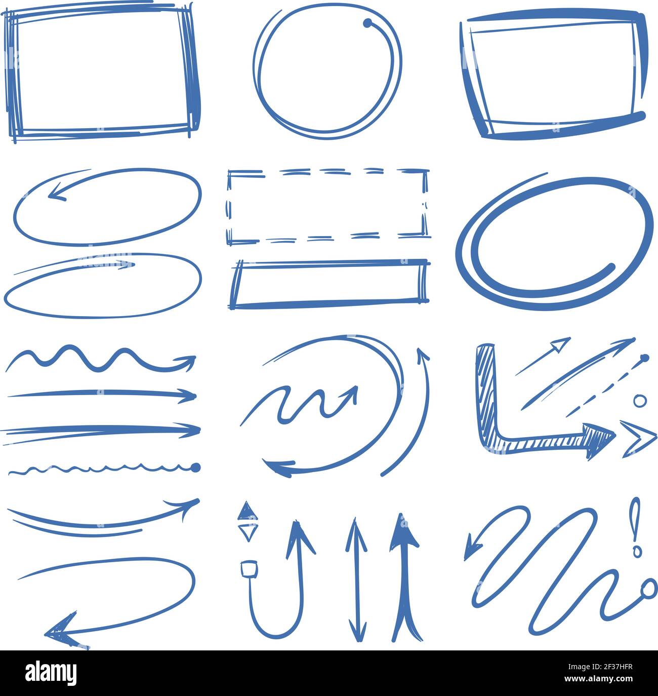 Marker circles, pointing arrows, frames doodle collection. Drawing scribble highlighter illustration Stock Vector