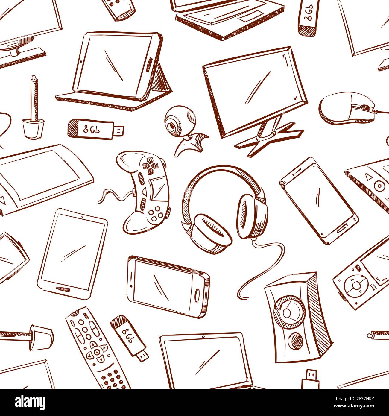 Gaming and computer device vector seamless pattern. Background with laptop, speaker and computer illustration Stock Vector