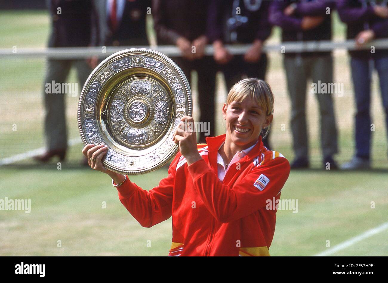 Czech tennis player Martina Navratilova holding Wimbledon Champioships trophy (1982), Wimbledon, Borough of Merton, Greater London, England, United Ki Stock Photo
