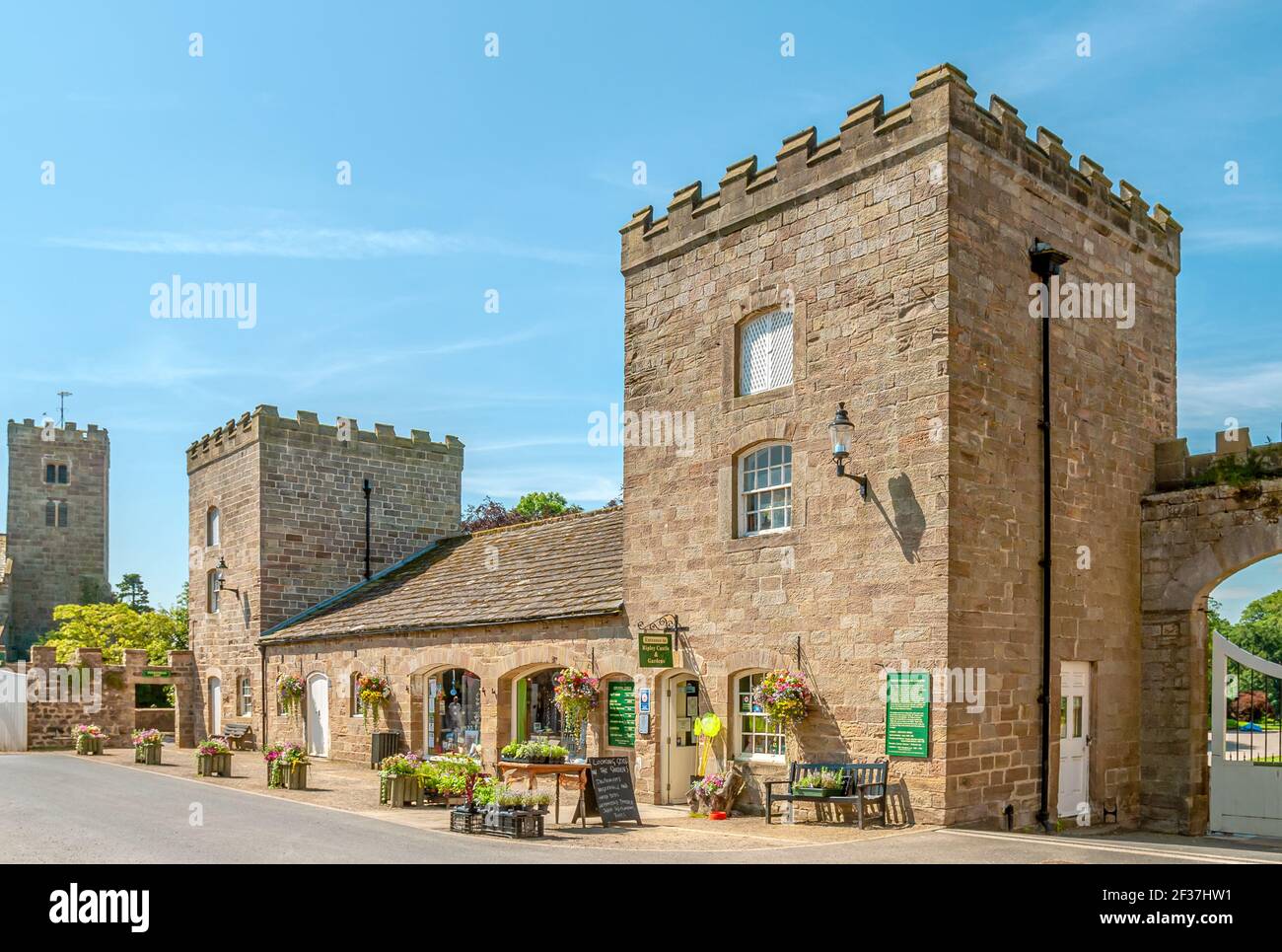 Entrance to Ripley Castle, a Grade I listed 14th-century country house in Ripley, North Yorkshire, England Stock Photo