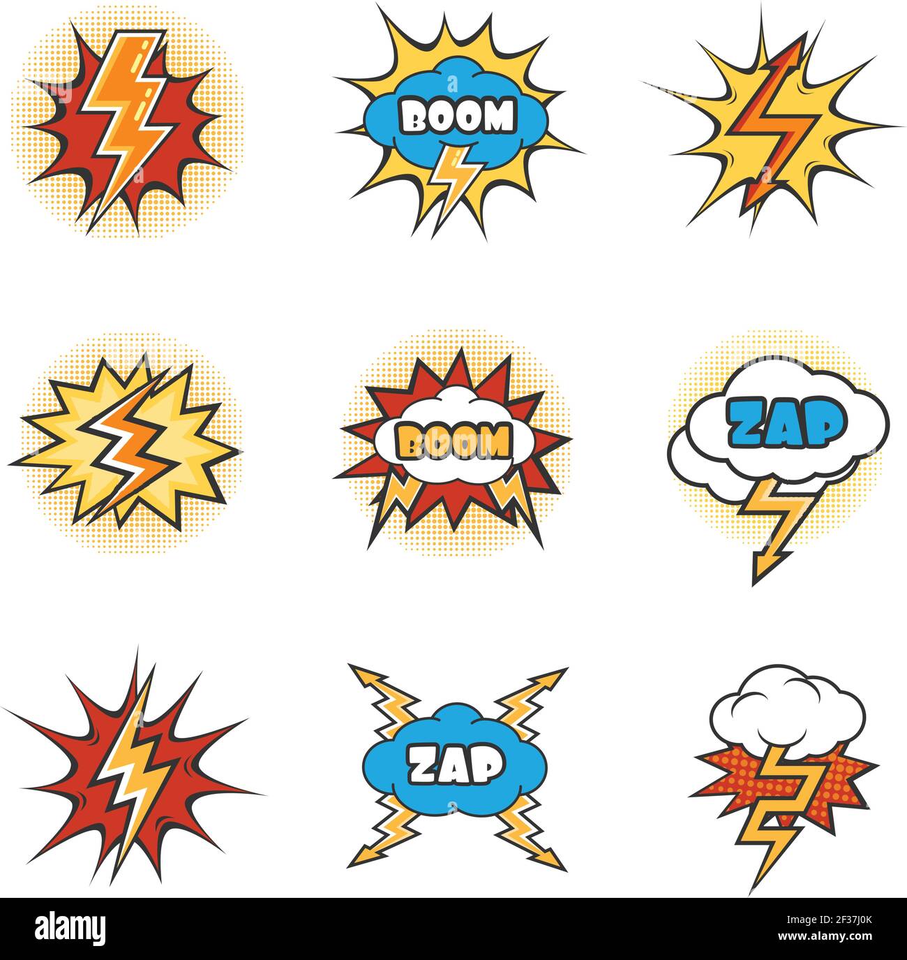 Cartoon lightning, comic thunderclouds icons vector set. Thunderbolt lightning, cloud with power boom zap illustration Stock Vector