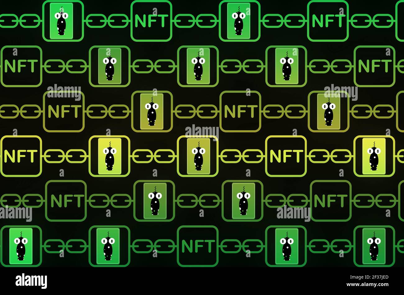 NFT non-fungible tokens art and collectables in green,  blockchain technology to create unique digital items for crypto art, crypto-collectibles and c Stock Photo