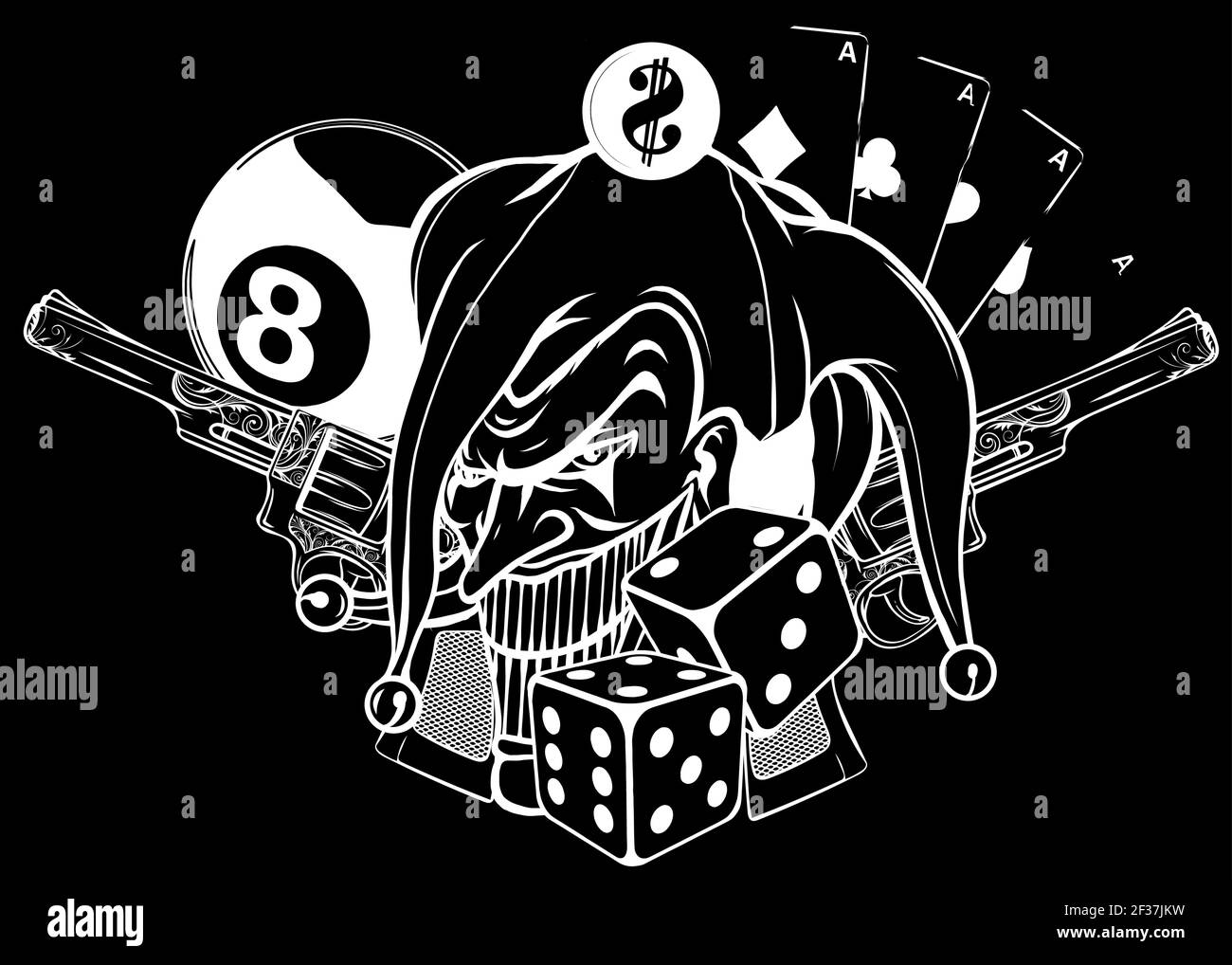 Vector illustration joker and revolvers silhouette in black background Stock Vector