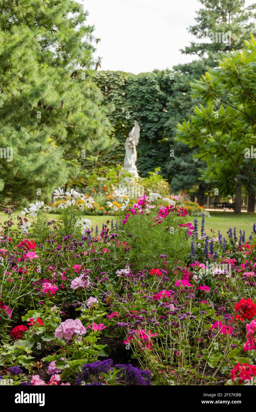 Beautiful and colorful flowers with the statue of an angel as